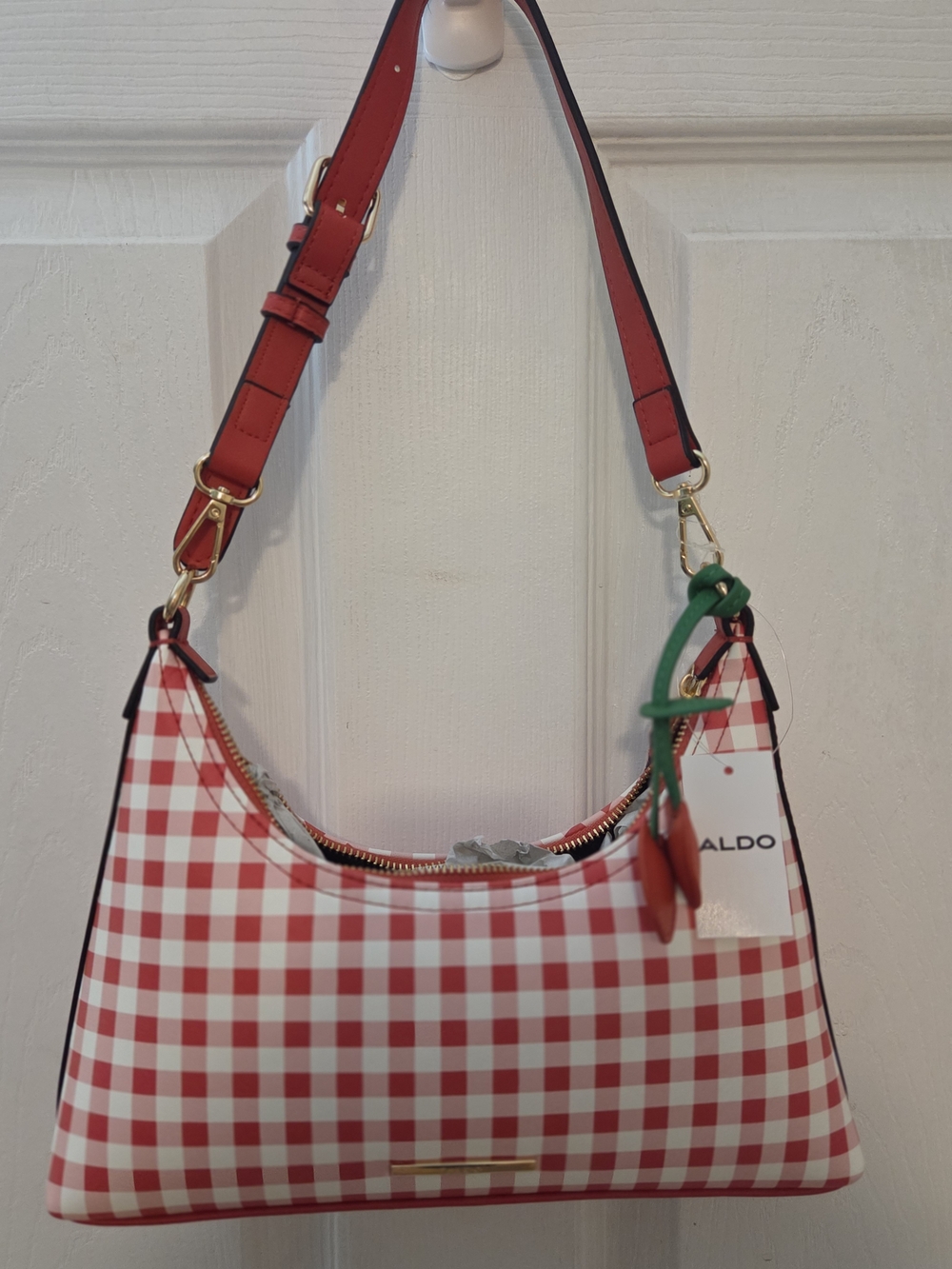 Aldo Red Gingham Shoulder Bag with Fruit Charms